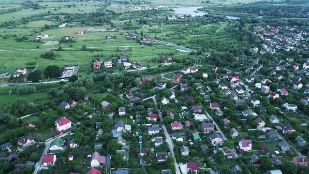 Aerial view of the village near the river, Ukraine