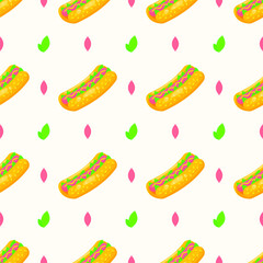 Seamless Pattern Abstract Elements Fast Food Hot Dog Vector Design Style Background Illustration Texture For Prints Textiles, Clothing, Gift Wrap, Wallpaper, Pastel