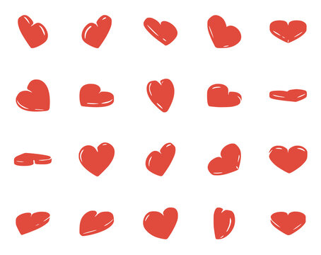 Vector set of hand drawn red heart symbols isolated on white background