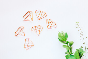 Paper clips in the form of diamonds with rose gold on a background with green plants.