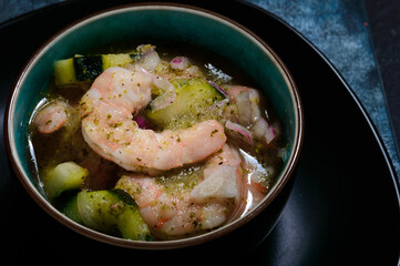 Aguachile, Mexican spicy marinated seafood dish with shrimp