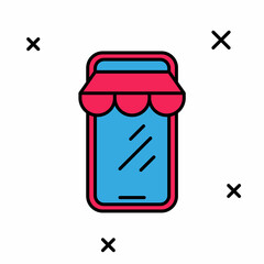 Filled outline Online shopping on mobile phone icon isolated on white background. Internet shop, mobile store app and payments billing. Vector