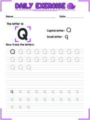 Alphabet Letter Tracing Practice and Handwriting Exercise for Kids in Primary and Kindergarten School