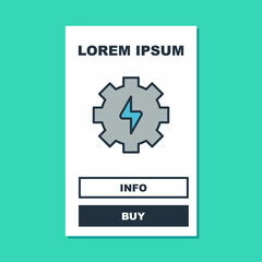 Filled outline Gear and lightning icon isolated on turquoise background. Electric power. Lightning bolt sign. Vector
