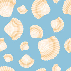 Cartoon sea shells on blue background. Vector marine seamless pattern.