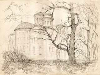 Hand drawn landscape pencil sketch on watercolor paper. Medieval building of ancient Cathedral and old oak tree in Chernihiv, Ukraine