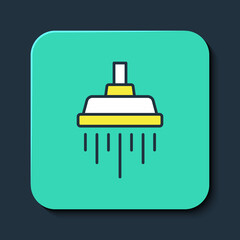 Filled outline Shower head with water drops flowing icon isolated on blue background. Turquoise square button. Vector