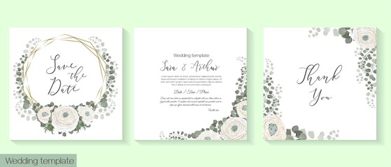 Vector template for wedding invitation. White ranunculus, roses, eucalyptus, green leaves and plants, round frame.