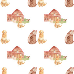 Farm Animals Watercolor Seamless Pattern - Gardening Pets Houses Eco Ranch Dog Cat