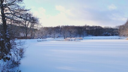 Picturesque Frozen Lake Snowy Winter Landscape