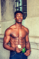 African American Man seeking love in New York. Shirtless, half naked, holding white rose, a young, strong, sexy guy standing by wall on street, thinking, waiting for you.  filtered effect..