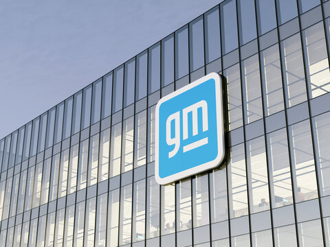 Detroit, MI, USA. May 2, 2022. Editorial Use Only, 3D CGI. General Motors Company Signage Logo on Top of Glass Building. Automobile Manufacturer in High-rise Office Headquarters.