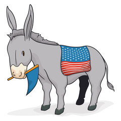 Cute and patriotic donkey with American pennant and saddle, Vector illustration