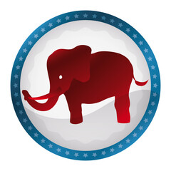 Round button with starry frame and red elephant inside it, Vector illustration