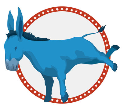 American button with starry frame and blue donkey for elections, Vector illustration