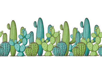 Cacti illustration. Hand drawn border with cacti. Vector illustration. Horizontal seamless.