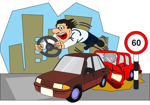 Cartoon comic car driver broke windshield when accident happen he is not wearing seat safety belt concept vector drawing illustration violation of traffic laws regulations rules conceptual caricature