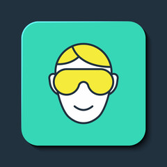 Filled outline Eye sleep mask icon isolated on blue background. Sleeping mask. Turquoise square button. Vector