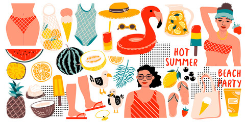 Summer set with beach bag, sun cream, popsicle, hat, flip flops. Womans, female hips.  Fresh tropical fruits, sliced pieces. Lettering. Vector elements. Perfect for summertime poster, card