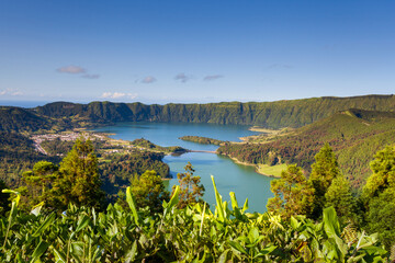 Amazing view of the Sete Cidades lagoon in the Azores, Portugal. Panoramic view from the viewpoint of a beautiful natural landscape. Sao Miguel Island travel destination for vacations.