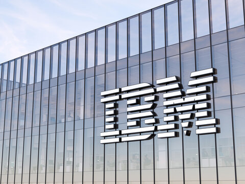 Armonk, NY, USA. May 2, 2022. Editorial Use Only, 3D CGI. IBM Corporation Signage Logo on Top of Glass Building. Workplace Technology Hardware Company Office Headquarters.