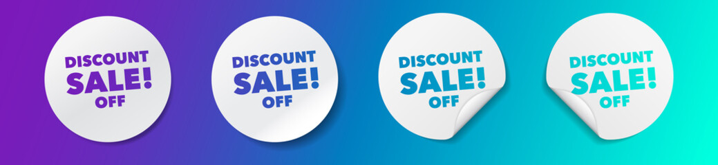Discount sale text. Round sticker paper badge with offer. Special offer price sign. Advertising Discounts off. Paper label banner. Discount sale adhesive tag.