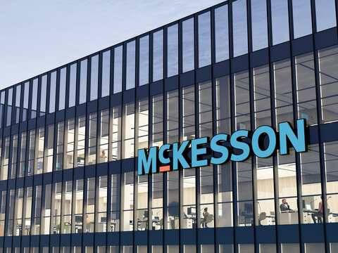 Irving, TX, USA. May 2, 2022. Editorial Use Only, 3D CGI. McKesson Corporation Signage Logo on Top of Glass Building. Workplace Healthcare Pharmaceutical Company Office Headquarters.