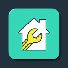 Filled outline House or home with wrench spanner icon isolated on blue background. Adjusting, service, setting, maintenance, repair, fixing. Turquoise square button. Vector