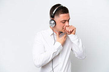 Telemarketer Brazilian man working with a headset isolated on white background is suffering with cough and feeling bad