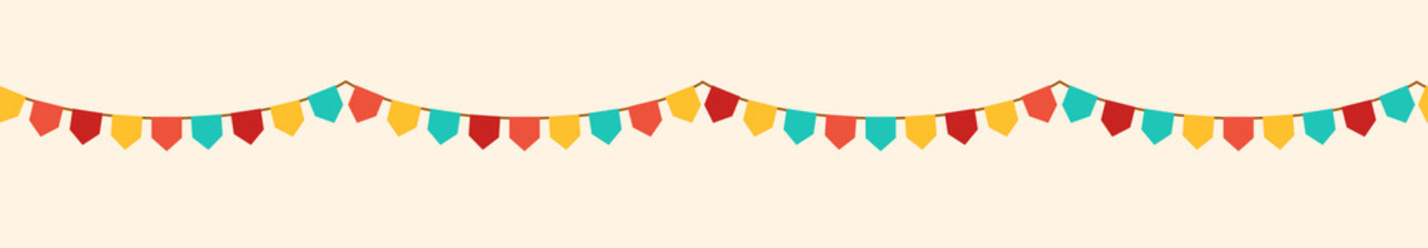 Color retro paper buntings garlands isolated on white background. Vector illustration. Seamless happy birthday banner, yellow and red fiesta border, carnival holiday header.
