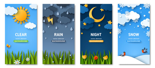 Vertical posters set with fluffy clouds and grass lawn. Weather forecast app widgets. Thunderstorm, rain, sunny day, night and winter snow. Vector illustration. Paper cut style. Place for text - obrazy, fototapety, plakaty