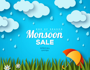 Monsoon sale offer banner template, paper cut clouds, green lawn, colorful umbrella on blue background. Vector illustration. Place for text. Overcast sky, rainy day. Vector illustration. - obrazy, fototapety, plakaty