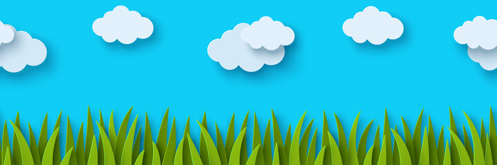 Beautiful fluffy clouds on blue sky background, summer sun, butterfly, green grass lawn. Seamless pattern border, spring header. Vector illustration. Paper cut style. Place for text