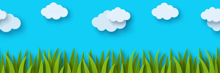 Küchenrückwand glas motiv Beautiful fluffy clouds on blue sky background, summer sun, butterfly, green grass lawn. Seamless pattern border, spring header. Vector illustration. Paper cut style. Place for text © kotoffei