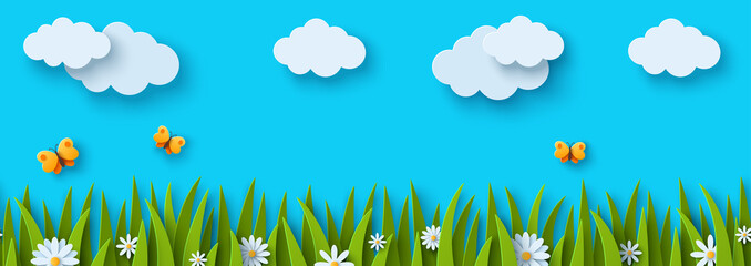 Beautiful fluffy clouds on blue sky background, summer sun, butterfly, green grass lawn. Seamless pattern border, spring header. Vector illustration. Paper cut chamomile daisy flowers. Place for text - obrazy, fototapety, plakaty