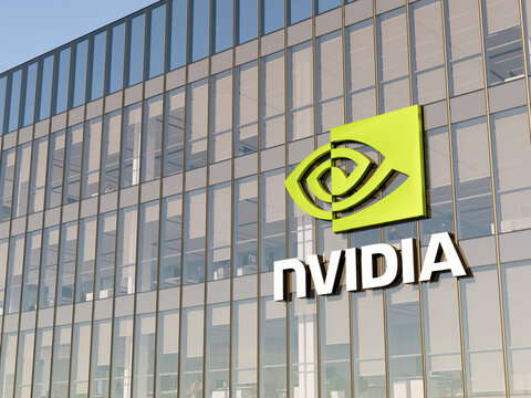 Santa Clara, CA, USA. May 2, 2022. Editorial Use Only, 3D CGI. Nvidia Signage Logo on Top of Glass Building. Workplace Software Technological Company Office Headquarters.