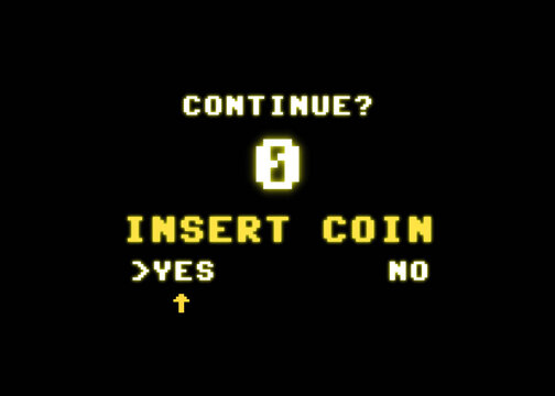The expired request to insert a coin to continue playing after a game over screen (the countdown went to zero). 8-bit retro style, low glowing aura.
