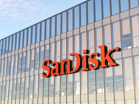 Milpitas, CA, USA. May 2, 2022. Editorial Use Only, 3D CGI. SanDisk Technology Signage Logo on Top of Glass Building. Workplace Hardware Company Office Headquarters.