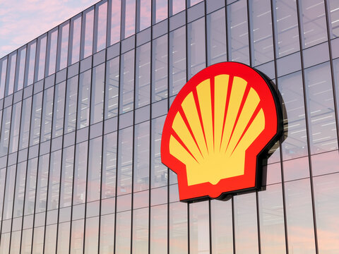 London, United Kingdom. May 2, 2022. Editorial Use Only, 3D CGI. Shell plc Technology Signage Logo on Top of Glass Building. Workplace Oil industry Company Office Headquarters.