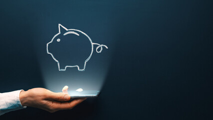 Mobile banking app symbol. Smartphone with Pink piggy money bank. Business services, money saving...