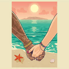 Couple holding hands on the beach