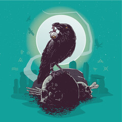 Crow with an eyeball in the moonlight