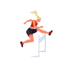 Vector flat cartoon woman character runs,jumping over barrier isolated on empty background.Young athlete doing sports,hurdling-healthy lifestyle,professional sport concept,web site banner ad design