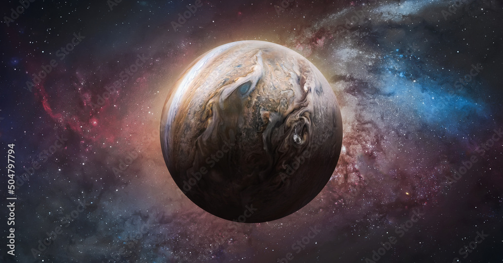 Poster Jupiter planet sphere. Exploration and expedition on Jupiter planet in space. Solar system. Elements of this image furnished by NASA
