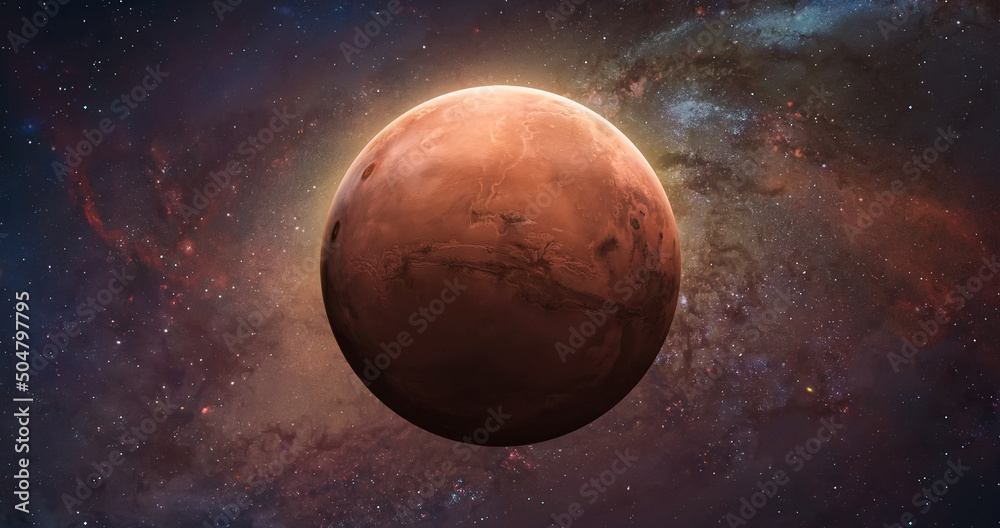 Poster Mars planet sphere. Exploration and expedition on red planet. Red planet in space. Solar system. Elements of this image furnished by NASA
