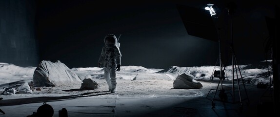 Behind the scenes, actor in astronaut suit walking on the surface of a moon landing movie set. Virtual production with LED screens. Shot with 2x anamorphic lens