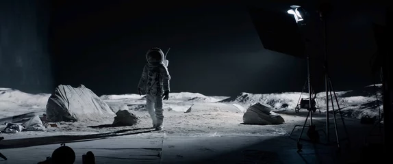 Fotobehang Behind the scenes, actor in astronaut suit walking on the surface of a moon landing movie set. Virtual production with LED screens. Shot with 2x anamorphic lens © supamotion