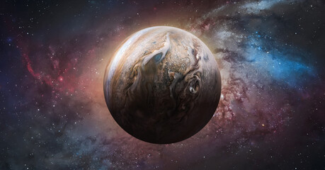Obraz na płótnie Canvas Jupiter planet sphere. Exploration and expedition on Jupiter planet in space. Solar system. Elements of this image furnished by NASA 