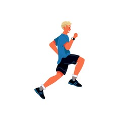 Fototapeta na wymiar Vector flat cartoon man character runs isolated on empty background.Stylish young athlete doing sports,running-life scene,healthy sporty lifestyle social concept,web site banner ad design