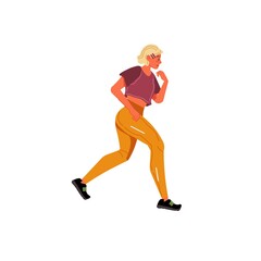 Fototapeta na wymiar Vector flat cartoon woman character runs isolated on empty background.Stylish young athlete doing sports,running-life scene,healthy sporty lifestyle social concept,web site banner ad design